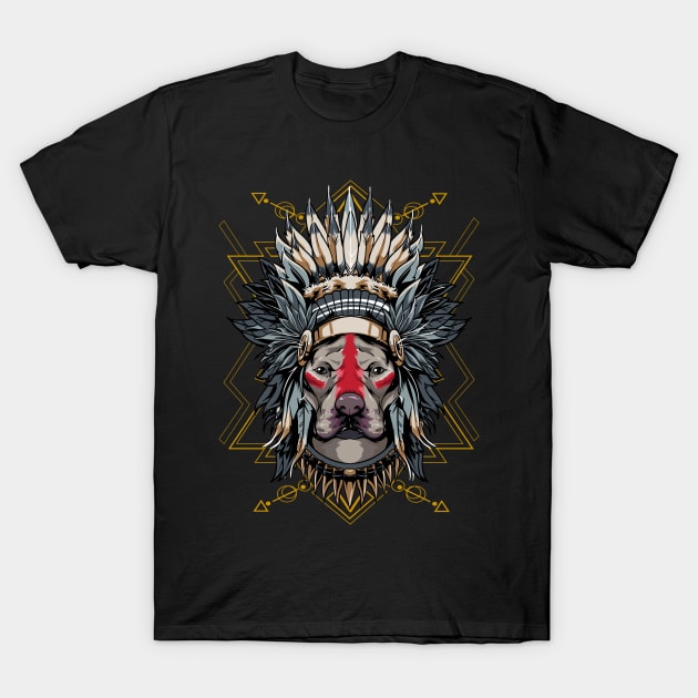 Chieftain Pitbull Dog Indian Headdress Warrior T-Shirt by E